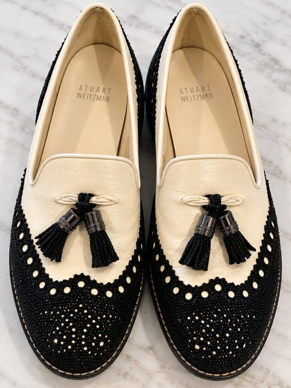Stuart Weitzman Black & Ivory Brogue Tassel Loafers Size 10